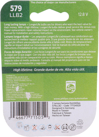 579LLB2 Philips LongerLife Miniature 579LL - LongerLife - Twin Blister Pack Philips Bulbs
