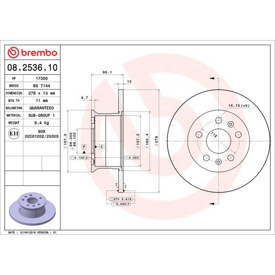 08.2536.10 Brembo Solid Standard Rotor Brembo Brake Canada
