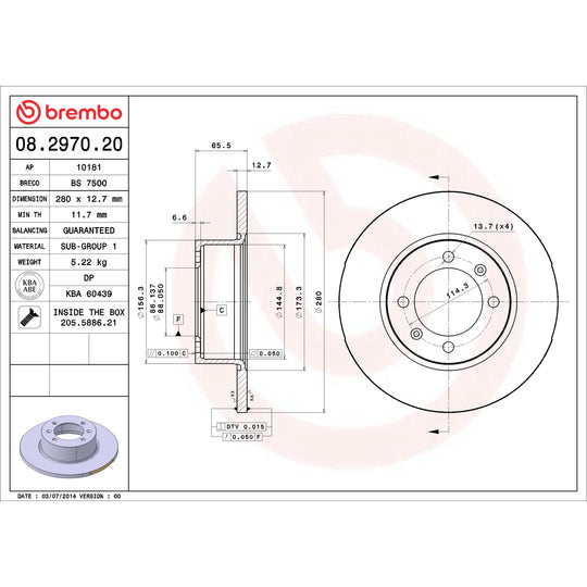 08.2970.20 Brembo Solid Standard Rotor Brembo Brake Canada