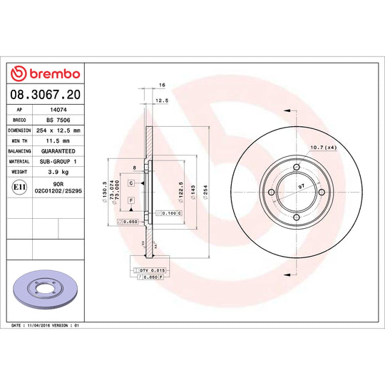 08.3067.20 Brembo Solid Standard Rotor Brembo Brake Canada