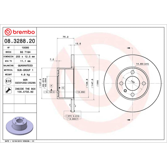 08.3288.20 Brembo Solid Standard Rotor Brembo Brake Canada