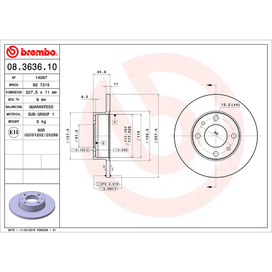 08.3636.10 Brembo Solid Standard Rotor Brembo Brake Canada