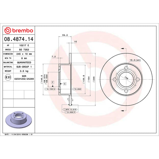 08.4874.14 Brembo Premium Rear Brake Rotor Brembo Brake Canada