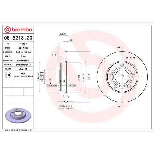 08.5213.20 Brembo Solid Standard Rotor Brembo Brake Canada