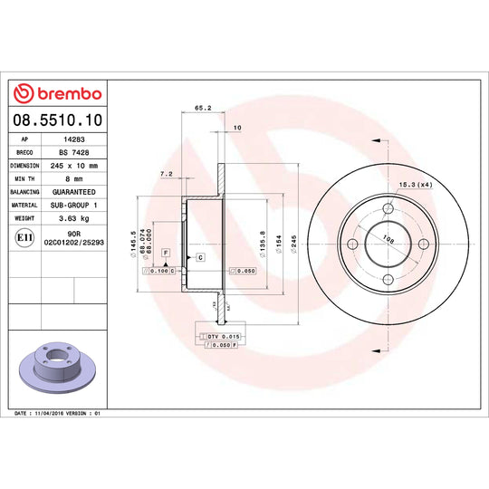 08.5510.10 Brembo Solid Standard Rotor Brembo Brake Canada