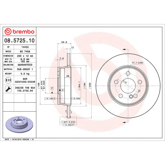 08.5725.10 Brembo Solid Standard Rotor Brembo Brake Canada