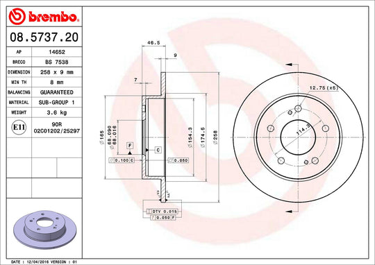 08.5737.20 Brembo Standard Disc Brake Rotor Brembo Brakes Canada