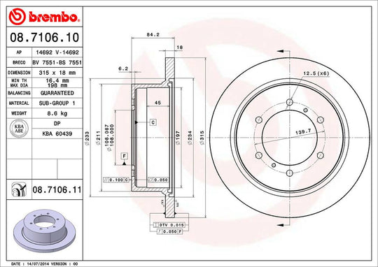 08.7106.11 Brembo UV Coated Solid Brake Rotor Brembo Brake Canada