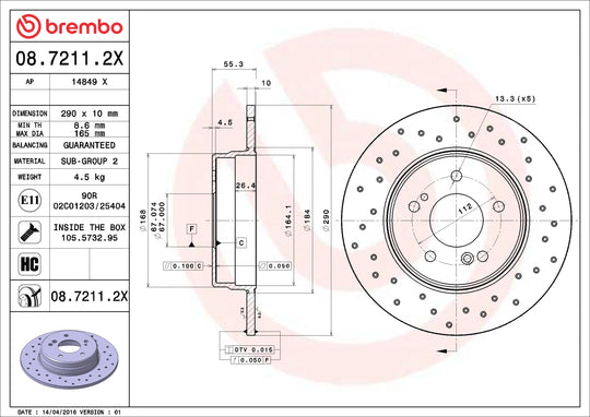 08.7211.2X Premium UV Coated Rear XTRA Cross Drilled Brake Rotor Brembo Canada