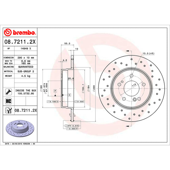08.7211.2X Brembo Premium UV Coated Rear XTRA Cross Drilled Brake Rotor Brembo Brake Canada