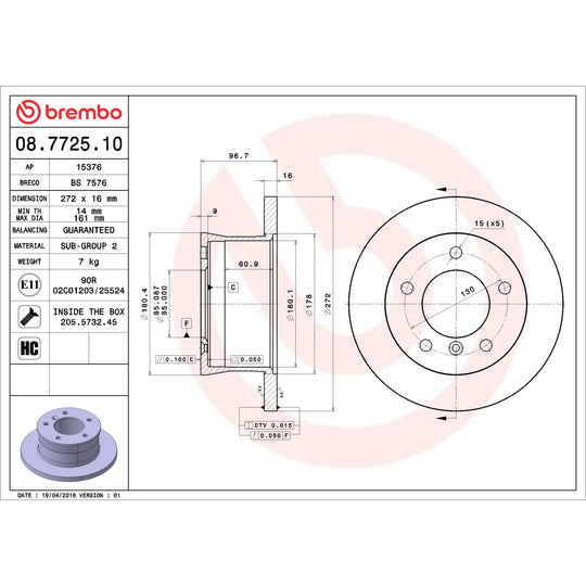 08.7725.10 Brembo Solid Standard Rotor Brembo Brake Canada