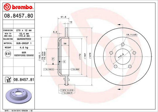 08.8457.81 Brembo Premium UV Coated Rear Brake Rotor Brembo Brake Canada