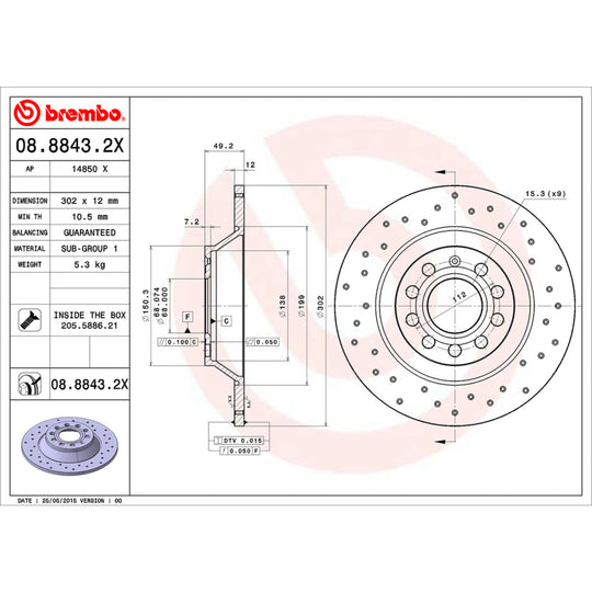 08.8843.2X Brembo Premium UV Coated Rear XTRA Cross Drilled Brake Rotor Brembo Brake Canada