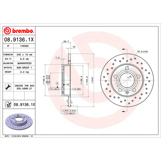 KTX0130 Brembo Ceramic Brake Pad and XTRA Solid Drilled Brake Disc Kit Brembo Brake Canada