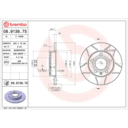 08.9136.75 Brembo Premium Max Slotted UV Coated Rotor Brembo Brake Canada