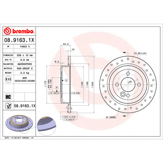 08.9163.1X Brembo Premium UV Coated Rear XTRA Cross Drilled Brake Rotor Brembo Brake Canada