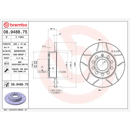 08.9488.75 Brembo Premium Max Slotted UV Coated Rotor Brembo Brake Canada
