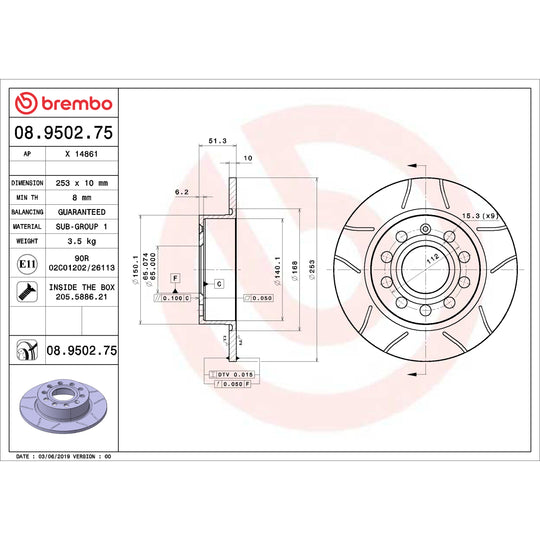 08.9502.75 Brembo Premium Max Slotted UV Coated Rotor Brembo Brake Canada