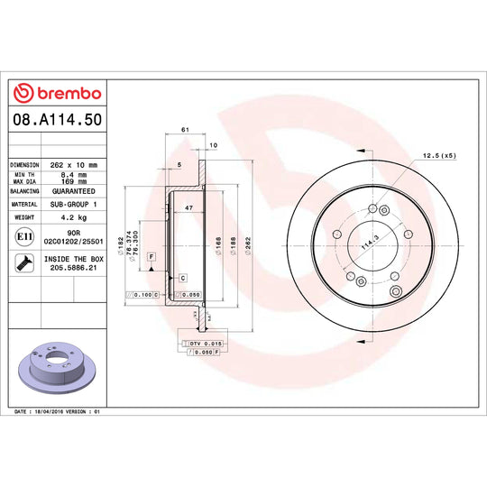 08.A114.50 Brembo Premium Rear Brake Rotor Brembo Brake Canada