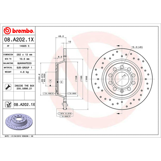 08.A202.1X Brembo Premium UV Coated Rear XTRA Cross Drilled Brake Rotor Brembo Brake Canada