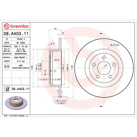 08.A403.11 Brembo UV Coated Solid Brake Rotor Brembo Brake Canada