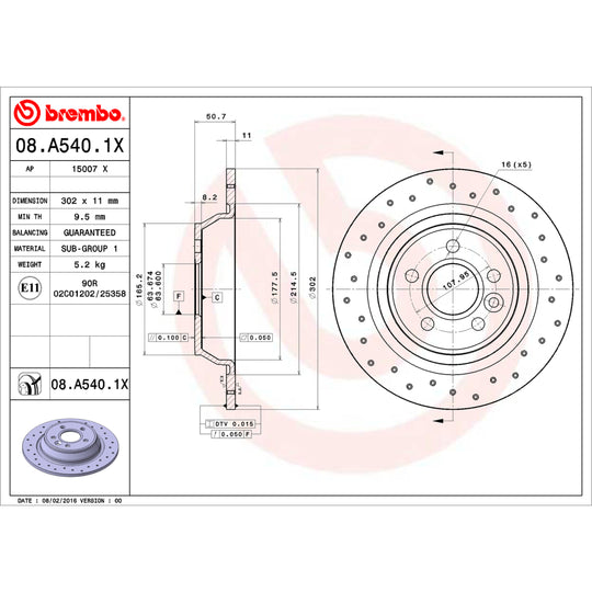 08.A540.1X Brembo Premium UV Coated Rear XTRA Cross Drilled Brake Rotor Brembo Brake Canada