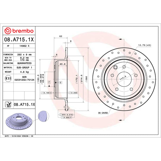 08.A715.1X Brembo Premium UV Coated XTRA Cross Drilled Brake Rotor Brembo Brake Canada