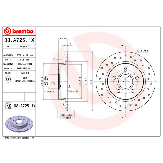 08.A725.1X Brembo Premium UV Coated Rear XTRA Cross Drilled Brake Rotor Brembo Brake Canada
