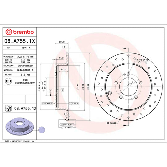 08.A755.1X Brembo Premium UV Coated XTRA Cross Drilled Brake Rotor Brembo Brake Canada
