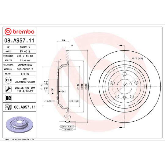 08.A957.11 Brembo UV Coated Solid Brake Rotor Brembo Brake Canada