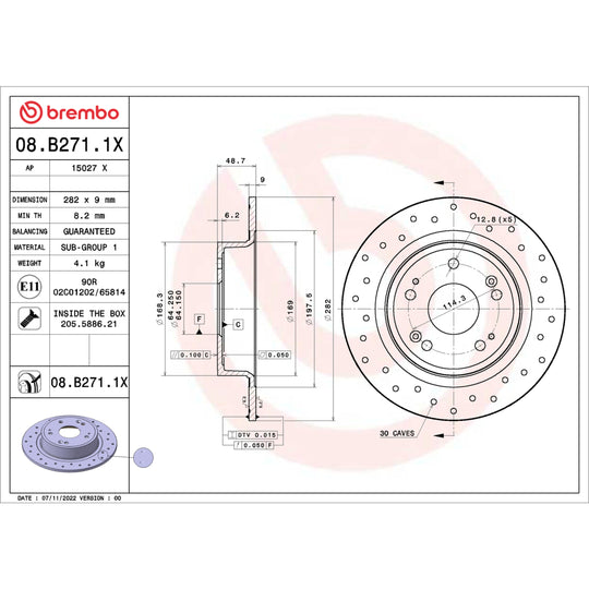 08.B271.1X Brembo Premium UV Coated XTRA Cross Drilled Brake Rotor Brembo Brake Canada