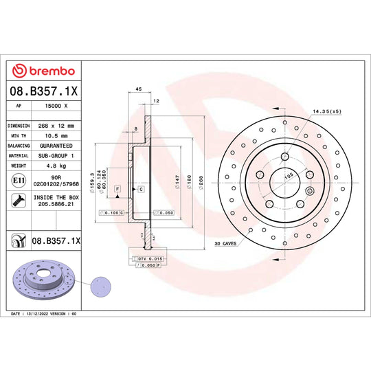 08.B357.1X Brembo Premium UV Coated XTRA Cross Drilled Brake Rotor Brembo Brake Canada