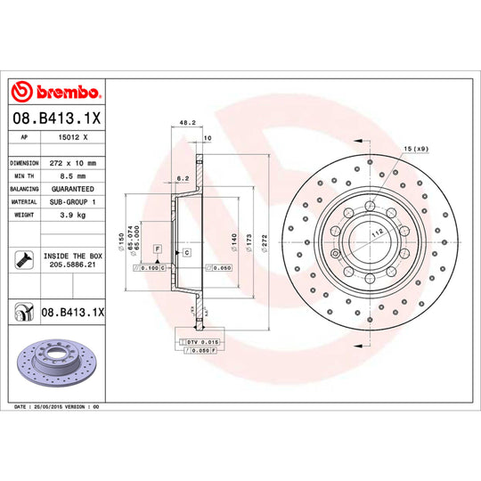 08.B413.1X Brembo Premium UV Coated Rear XTRA Cross Drilled Brake Rotor Brembo Brake Canada