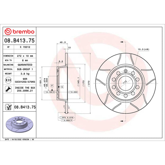 08.B413.75 Brembo Premium Max Slotted UV Coated Rotor Brembo Brake Canada