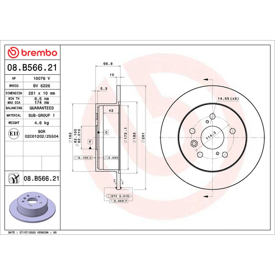 08.B566.21 Brembo UV Coated Solid Brake Rotor Brembo Brake Canada