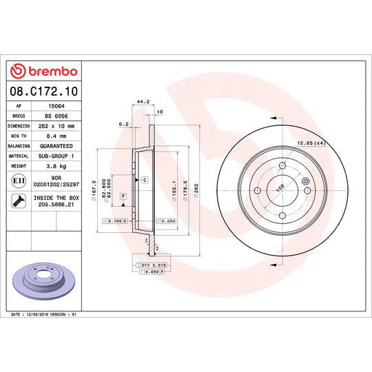 08.C172.10 Brembo Solid Standard Rotor Brembo Brake Canada