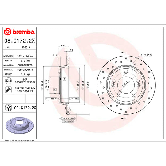 08.C172.2X Brembo Premium UV Coated Rear XTRA Cross Drilled Brake Rotor Brembo Brake Canada