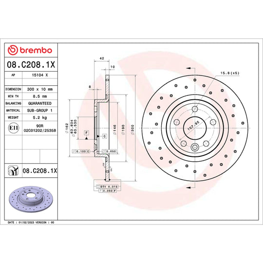 08.C208.1X Brembo Premium UV Coated XTRA Cross Drilled Brake Rotor Brembo Brake Canada