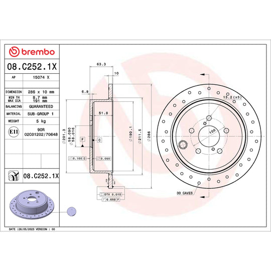 08.C252.1X Brembo Premium UV Coated XTRA Cross Drilled Brake Rotor Brembo Brake Canada