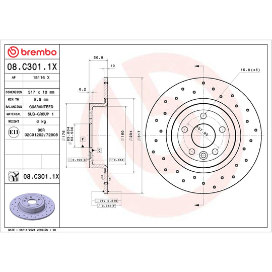 08.C301.1X Brembo Premium UV Coated XTRA Cross Drilled Brake Rotor Brembo Brake Canada