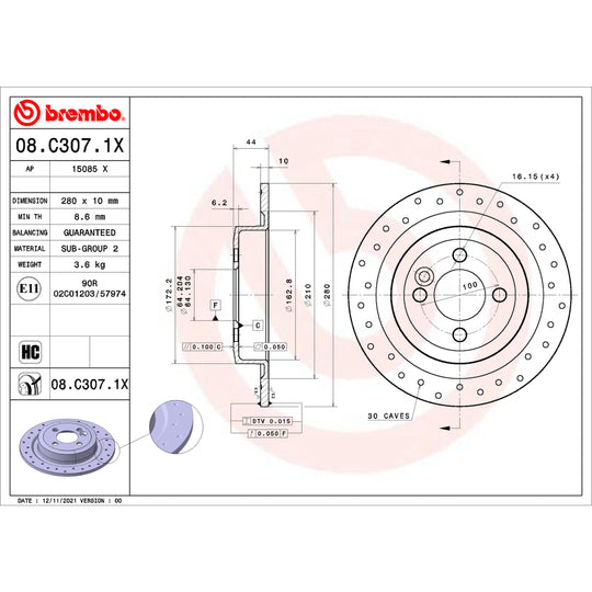 08.C307.1X Brembo Premium UV Coated XTRA Cross Drilled Brake Rotor Brembo Brake Canada