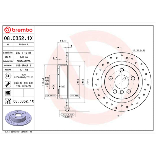 08.C352.1X Brembo Premium UV Coated XTRA Cross Drilled Brake Rotor Brembo Brake Canada