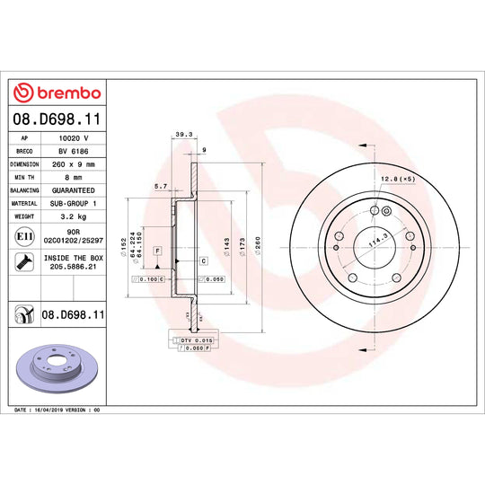 08.D698.11 Brembo UV Coated Solid Brake Rotor Brembo Brake Canada
