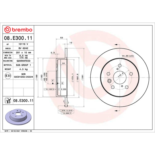 08.E300.11 Brembo UV Coated Solid Brake Rotor Brembo Brake Canada
