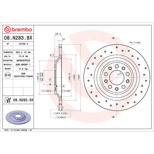 08.N283.8X Brembo Premium UV Coated XTRA Cross Drilled Brake Rotor Brembo Brake Canada