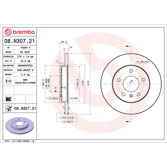 08.N307.21 Brembo UV Coated Solid Brake Rotor Brembo Brake Canada