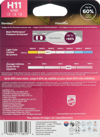 H11VPB1 Philips VisionPlus Headlight H11 - VisionPlus - Single Blister Pack Philips Bulbs
