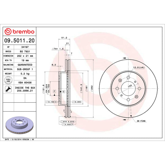 09.5011.20 Brembo Premium Vented Brake Rotor Brembo Brake Canada