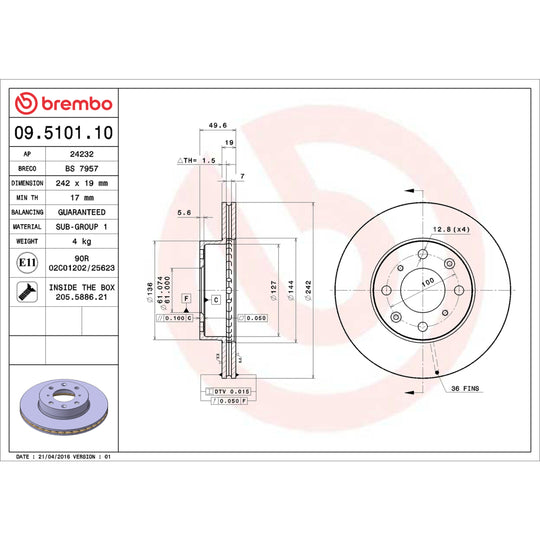 09.5101.10 Brembo Premium Vented Brake Rotor Brembo Brake Canada