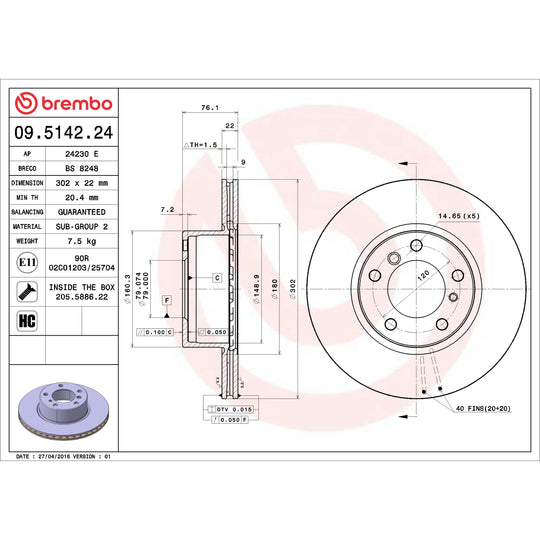 09.5142.24 Brembo Premium UV Coated Front Brake Rotor Brembo Brake Canada